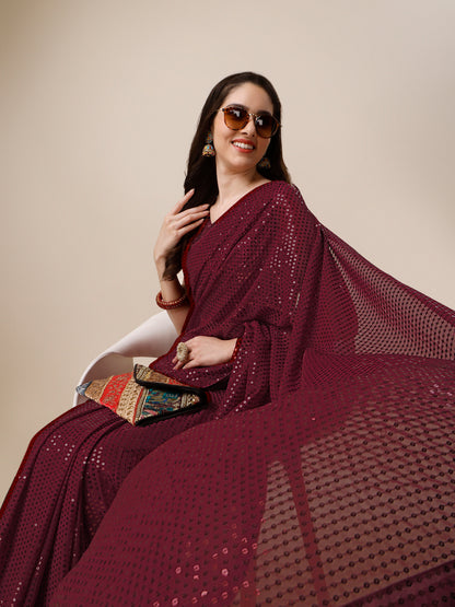 Georgette Women's Maroon Saree Silk With Blouse Piece ( 0143-dark_Maroon )