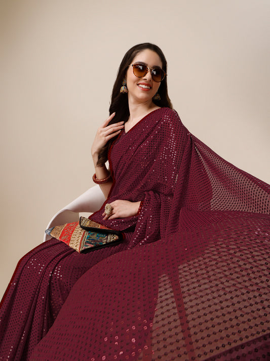 Georgette Women's Maroon Saree Silk With Blouse Piece ( 0143-dark_Maroon )
