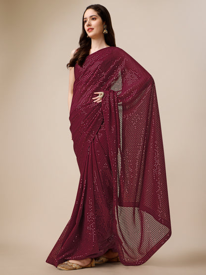 Georgette Women's Maroon Saree Silk With Blouse Piece ( 0143-dark_Maroon )