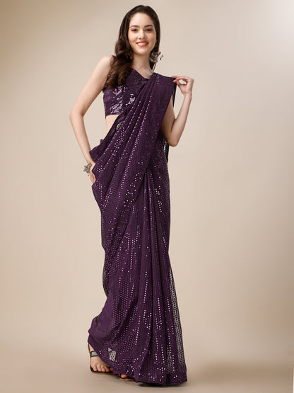 Georgette Women's Wine Saree Silk With Blouse Piece (0143-Wine)