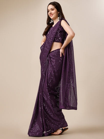 Georgette Women's Wine Saree Silk With Blouse Piece (0143-Wine)