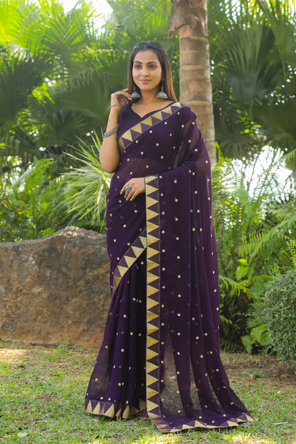 Georgette Women's Black Silk Saree with Embroidary Work (WINE 0152-22 )