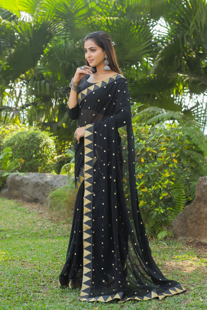 Georgette Women's Black Silk Saree with Embroidary Work (Black 0152-22 )