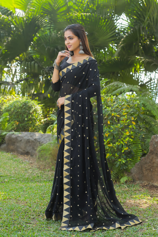 Georgette Women's Black Silk Saree with Embroidary Work (Black 0152-22 )