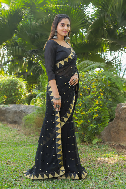 Georgette Women's Black Silk Saree with Embroidary Work (Black 0152-22 )