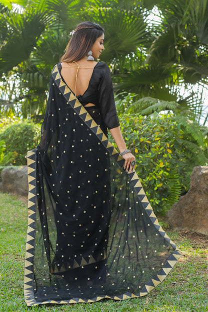 Georgette Women's Black Silk Saree with Embroidary Work (Black 0152-22 )