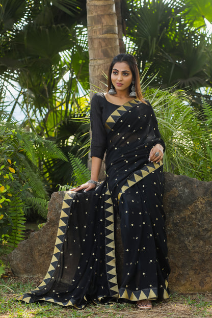 Georgette Women's Black Silk Saree with Embroidary Work (Black 0152-22 )