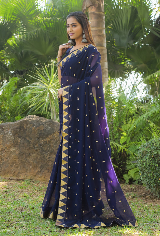 Georgette Women's Black Silk Saree with Embroidary Work (BLUE 0152-22 )