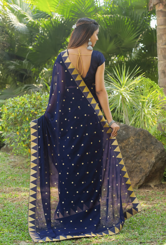 Georgette Women's Black Silk Saree with Embroidary Work (BLUE 0152-22 )