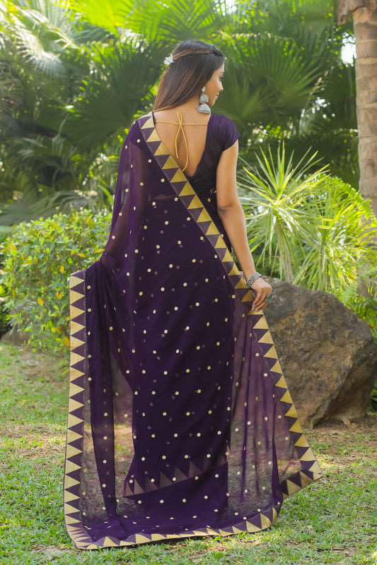 Georgette Women's Black Silk Saree with Embroidary Work (WINE 0152-22 )