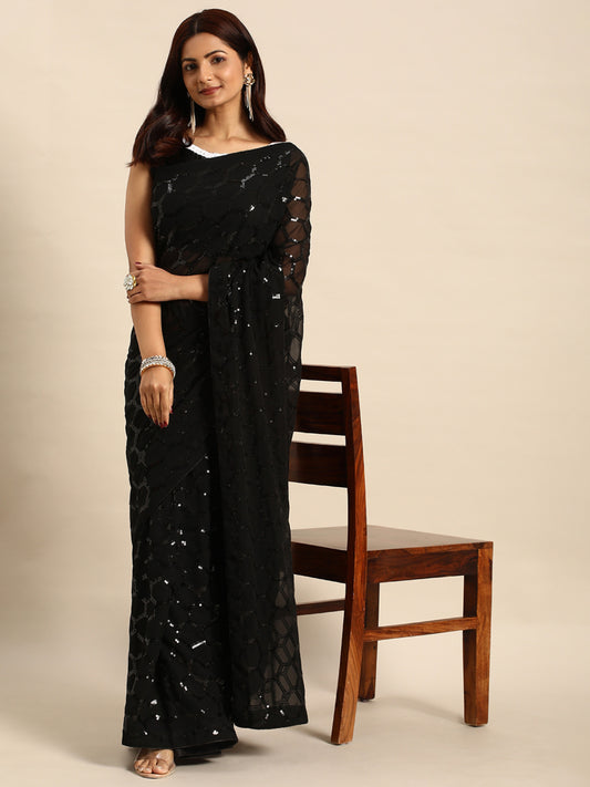 Georgette Women's Black Silk Saree with Pipping Border,Sequence Work (Black 0163 )