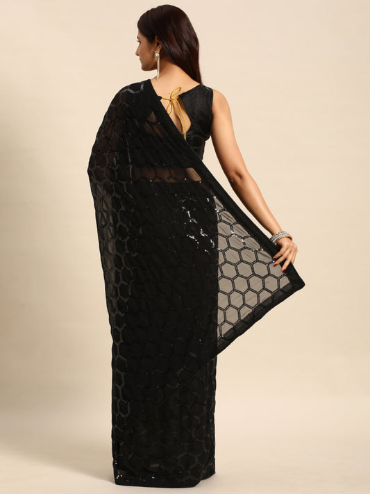 Georgette Women's Black Silk Saree with Pipping Border,Sequence Work (Black 0163 )