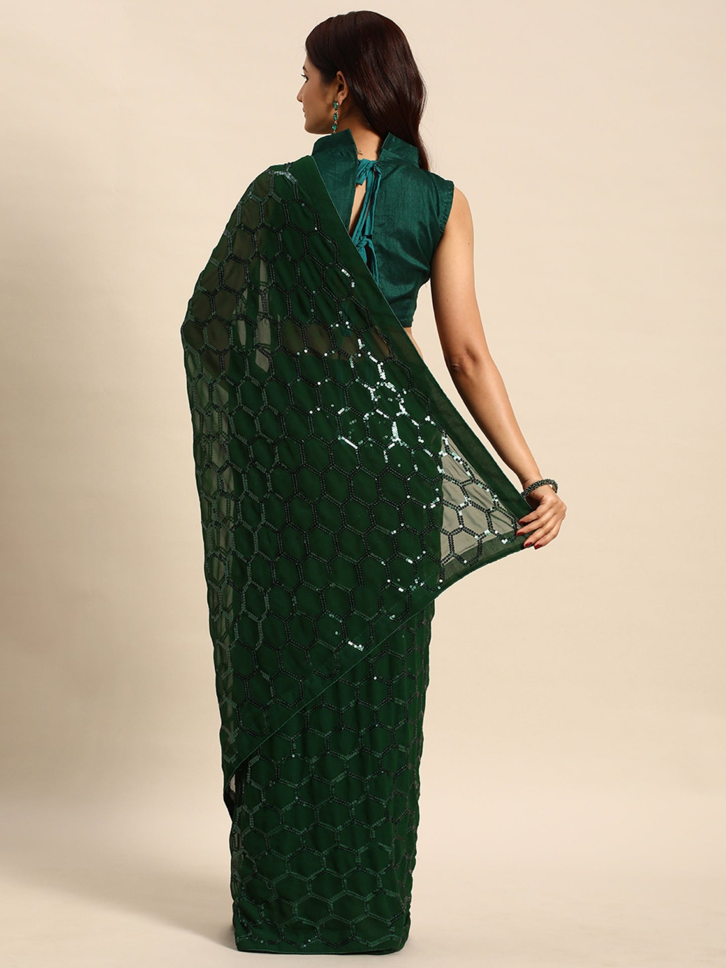 georgette women's black silk saree with pipping border,sequence work (green 0163 )