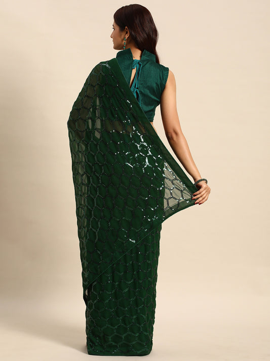 Georgette Women's Black Silk Saree with Pipping Border,Sequence Work (Green 0163 )