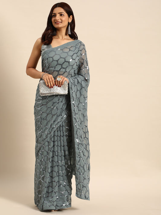 Georgette Women's Black Silk Saree with Pipping Border,Sequence Work (Grey0163 )