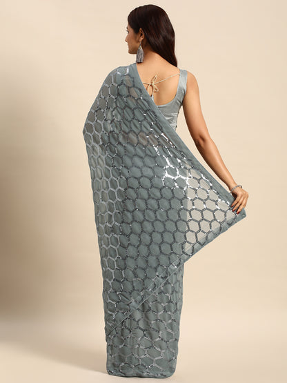 Georgette Women's Black Silk Saree with Pipping Border,Sequence Work (Grey0163 )