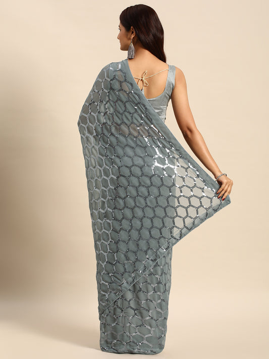 Georgette Women's Black Silk Saree with Pipping Border,Sequence Work (Grey0163 )
