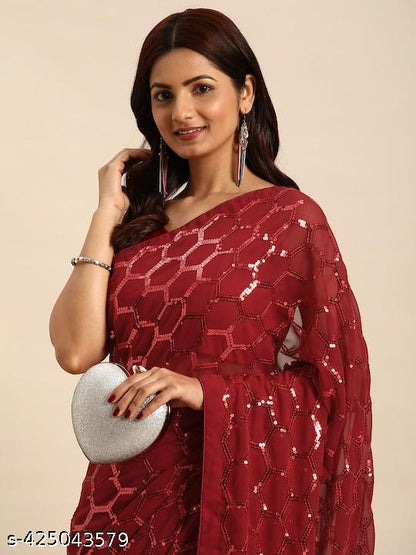 Georgette Women's Black Silk Saree with Pipping Border,Sequence Work (Maroon0163 )