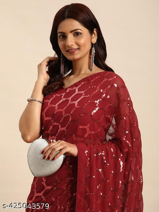 Georgette Women's Black Silk Saree with Pipping Border,Sequence Work (Maroon0163 )
