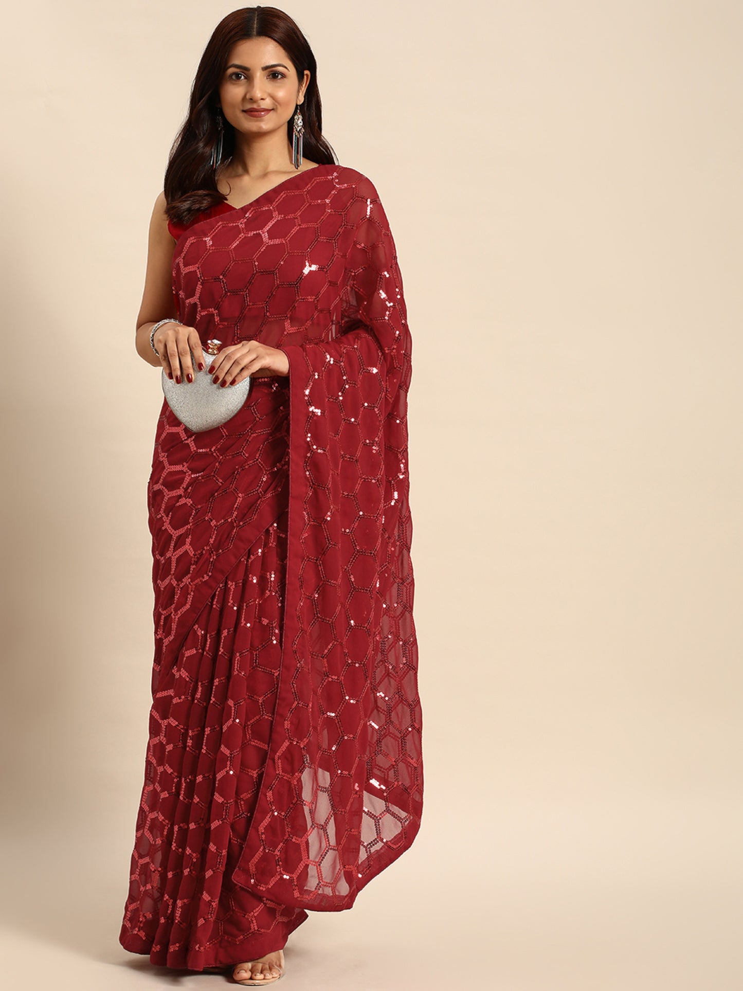 georgette women's black silk saree with pipping border,sequence work (maroon0163 )
