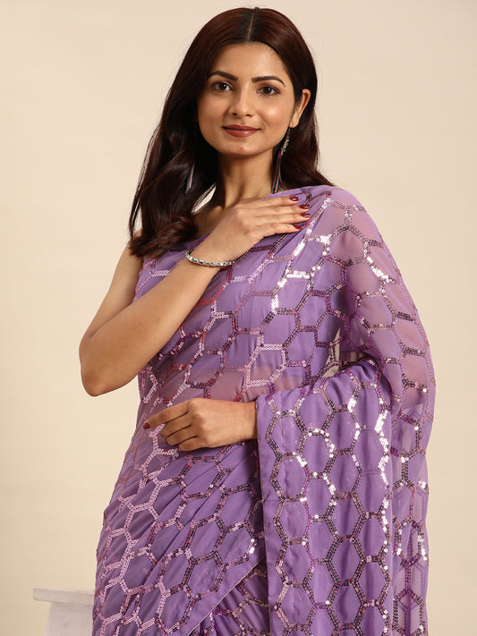 Georgette Women's Black Silk Saree with Pipping Border,Sequence Work (Purple0163 )