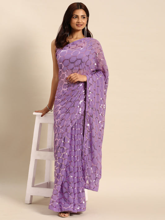 Georgette Women's Black Silk Saree with Pipping Border,Sequence Work (Purple0163 )