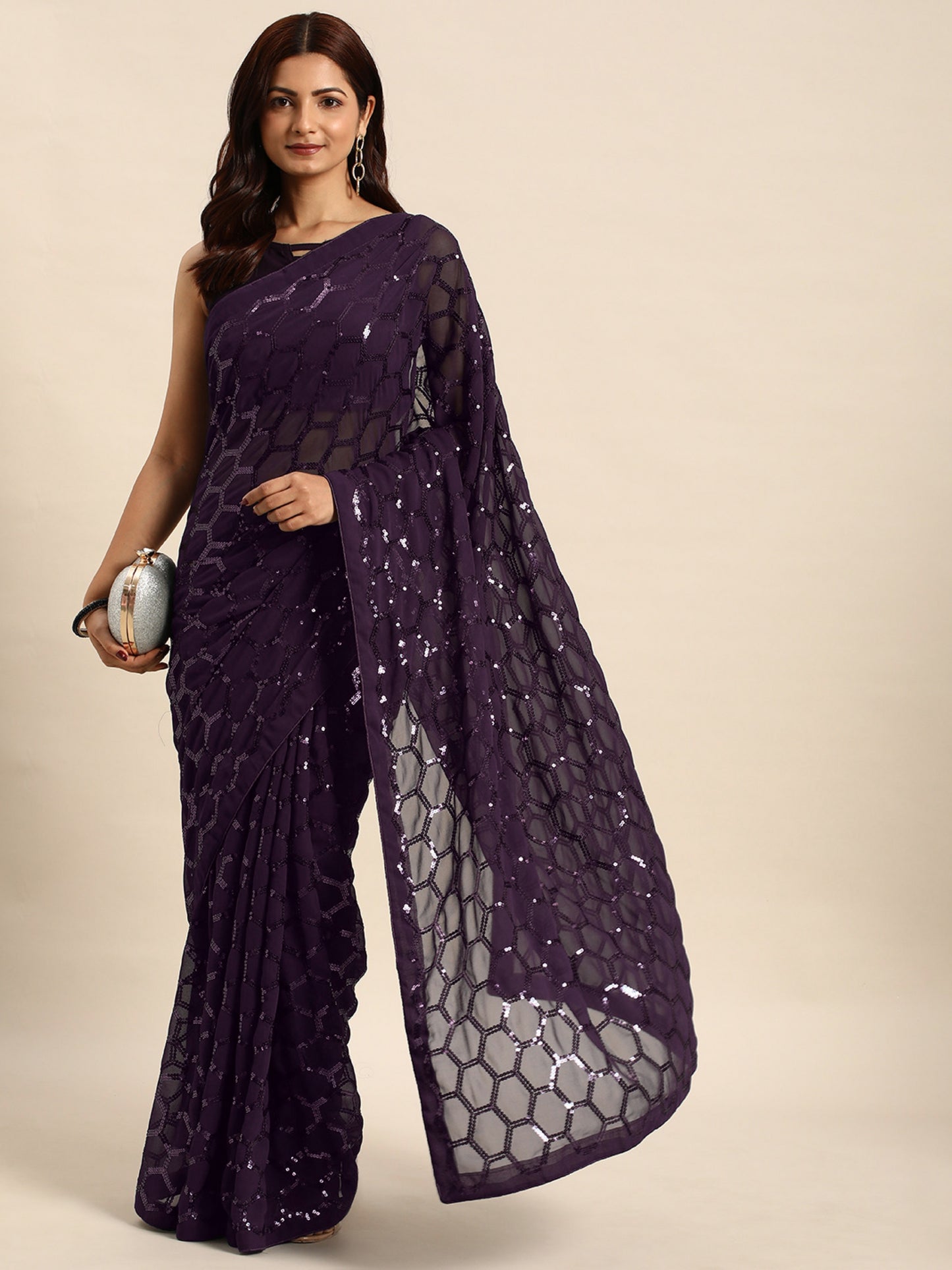 georgette women's black silk saree with pipping border,sequence work (wine0163 )