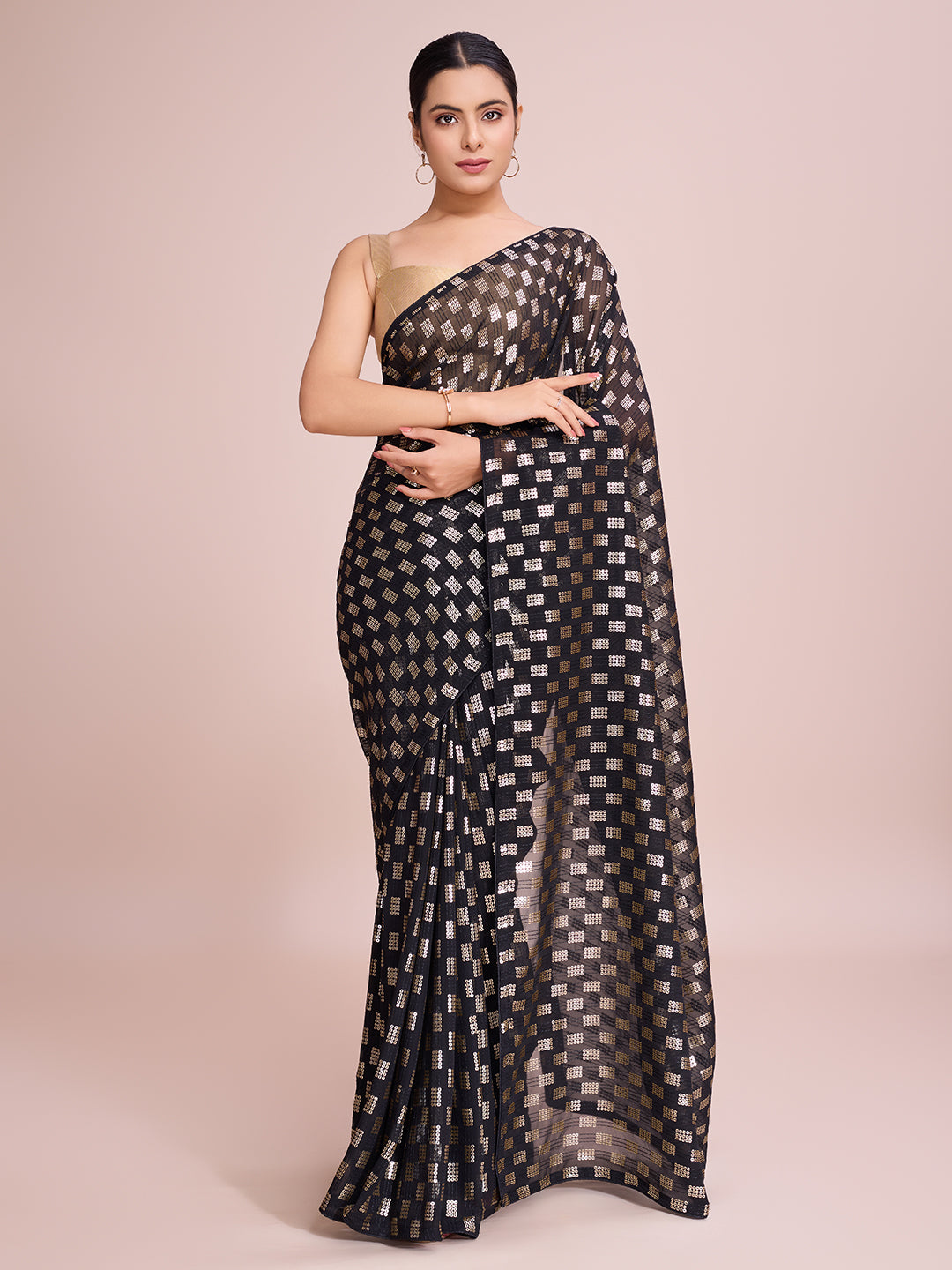 elegence women's georgette saree with blouse piece ( 0164-black )