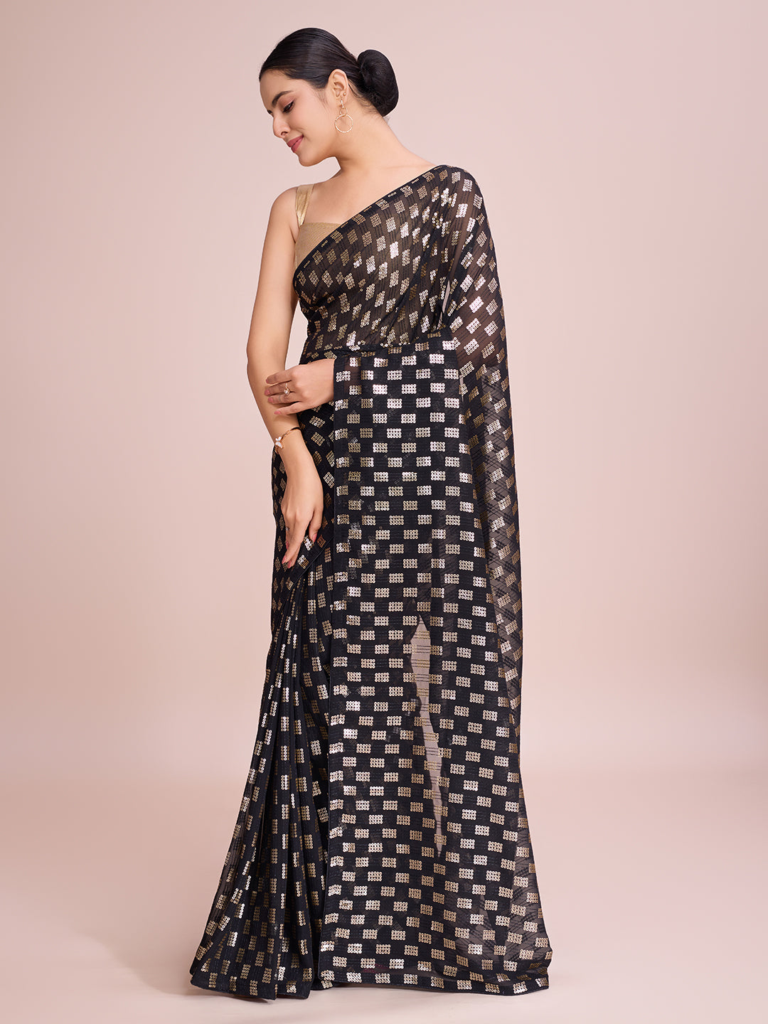 elegence women's georgette saree with blouse piece ( 0164-black )