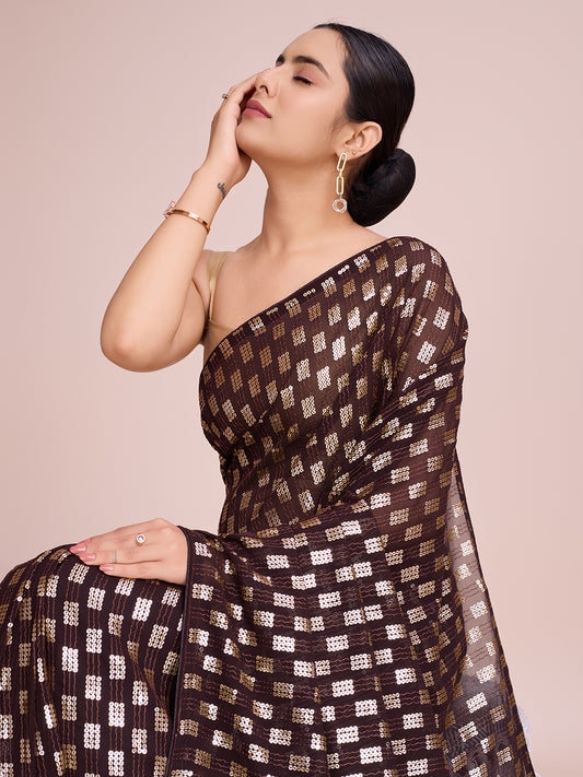 Elegence Women's Georgette Saree With Blouse Piece ( 0164-Coffee )