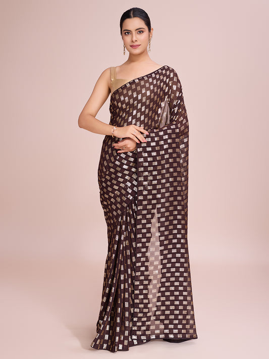 Elegence Women's Georgette Saree With Blouse Piece ( 0164-Coffee )