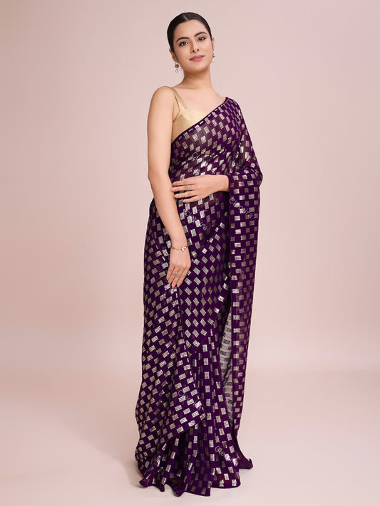 Elegence Women's Georgette Saree With Blouse Piece (0164-Wine)