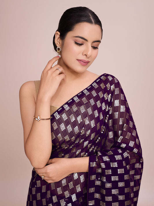 Elegence Women's Georgette Saree With Blouse Piece (0164-Wine)