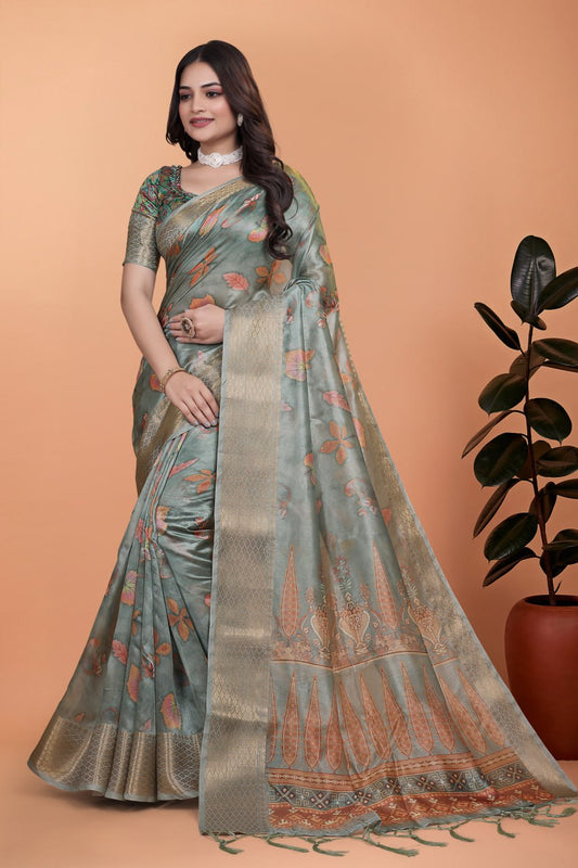 Sage Green Soft Silk Saree with Elegant Floral Prints & Rich Pallu ( GG-509 )