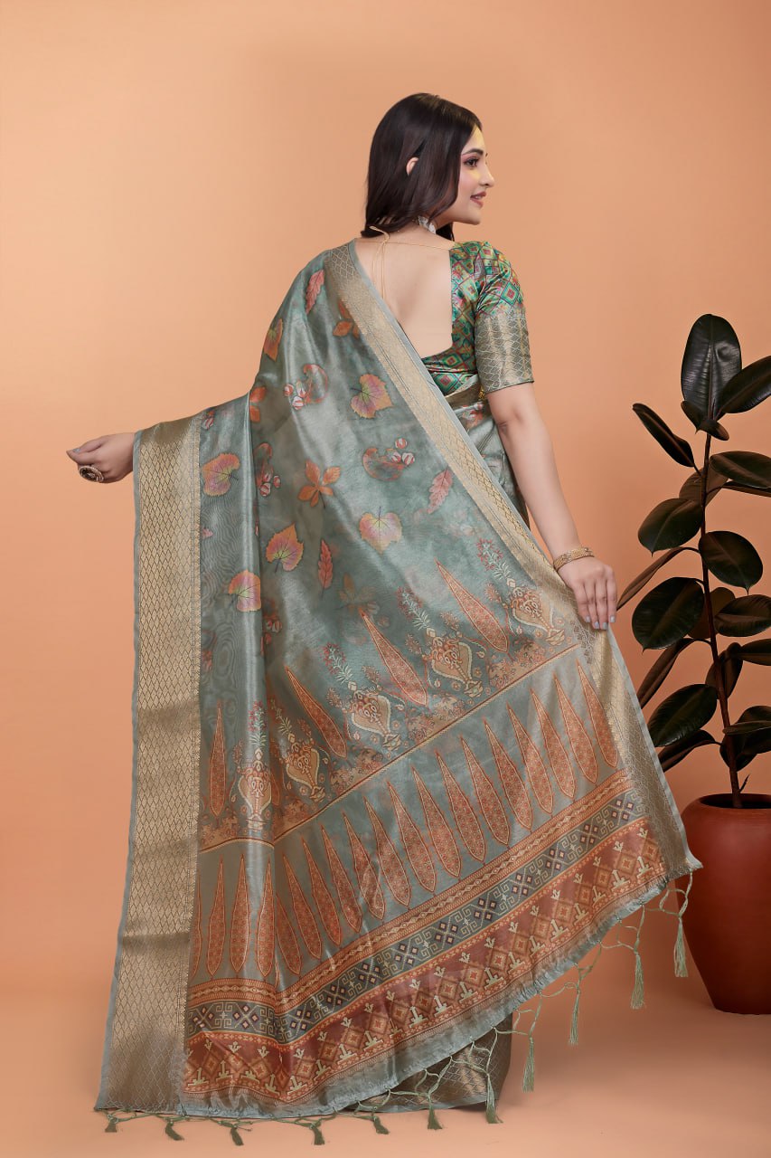 sage green soft silk saree with elegant floral prints & rich pallu ( gg-509 )