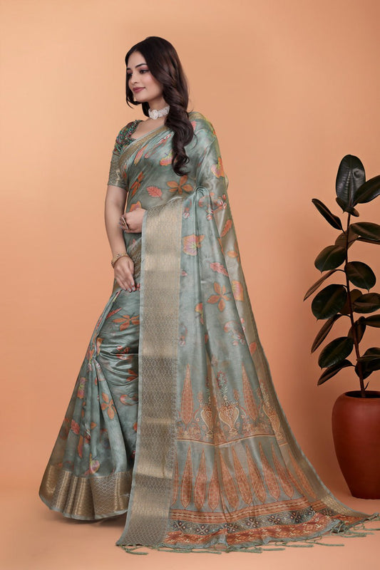 Sage Green Soft Silk Saree with Elegant Floral Prints & Rich Pallu ( GG-509 )