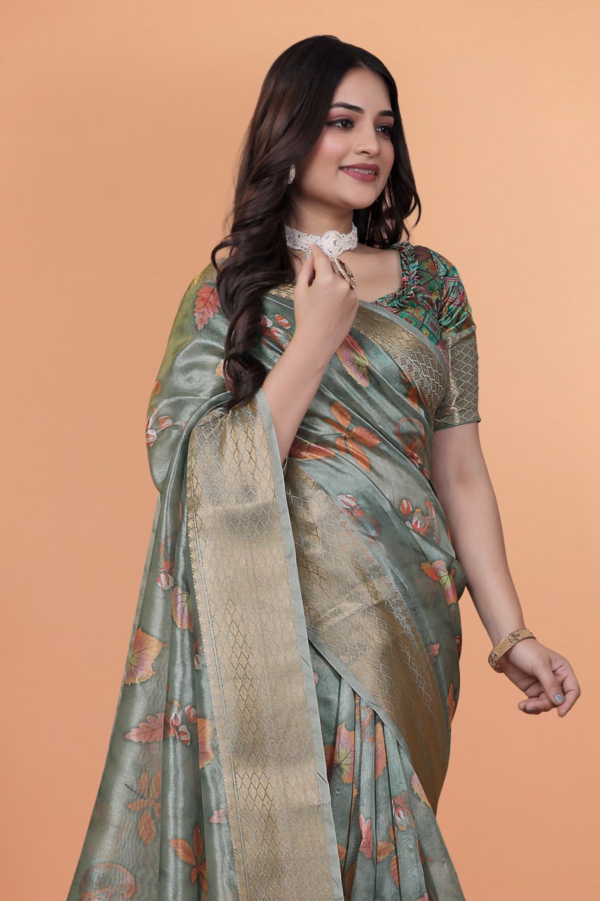 sage green soft silk saree with elegant floral prints & rich pallu ( gg-509 )