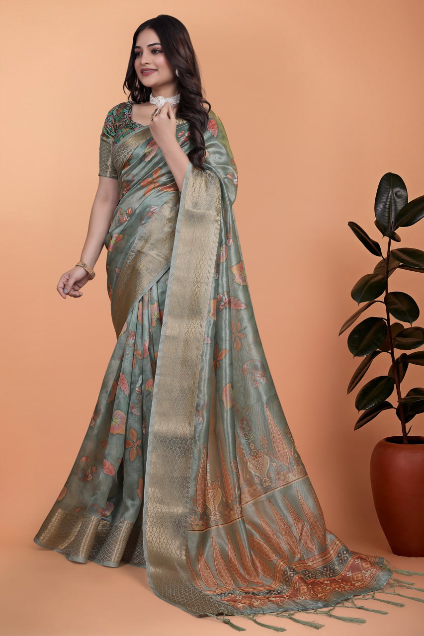 sage green soft silk saree with elegant floral prints & rich pallu ( gg-509 )