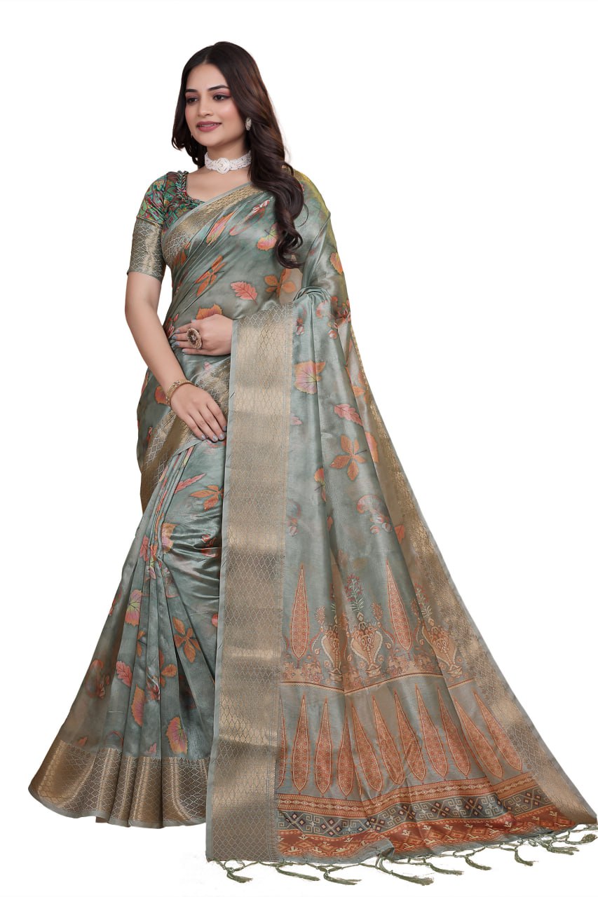 sage green soft silk saree with elegant floral prints & rich pallu ( gg-509 )