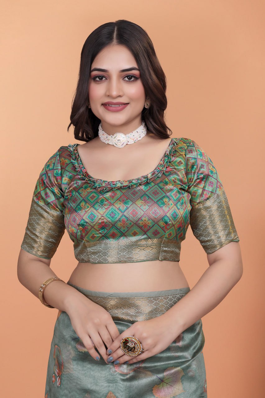 sage green soft silk saree with elegant floral prints & rich pallu ( gg-509 )