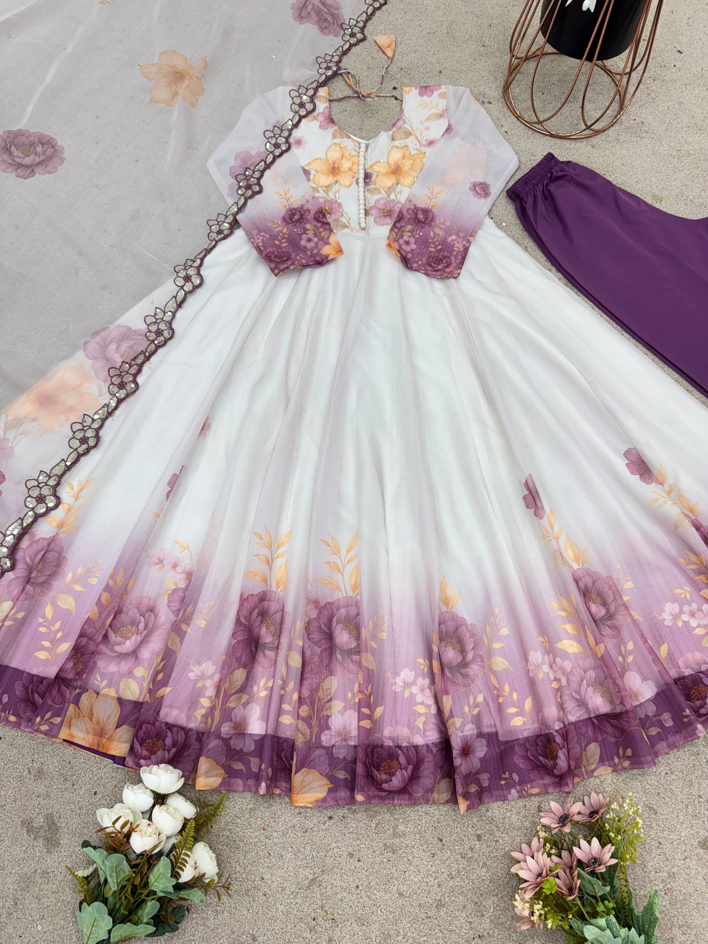 elegant floral printed anarkali kurti – white & lavender ombre design