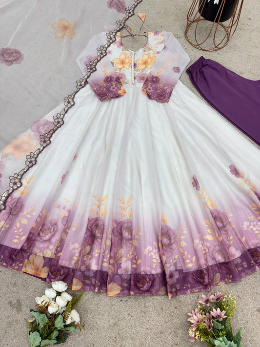 Elegant Floral Printed Anarkali Kurti – White & Lavender Ombre Design