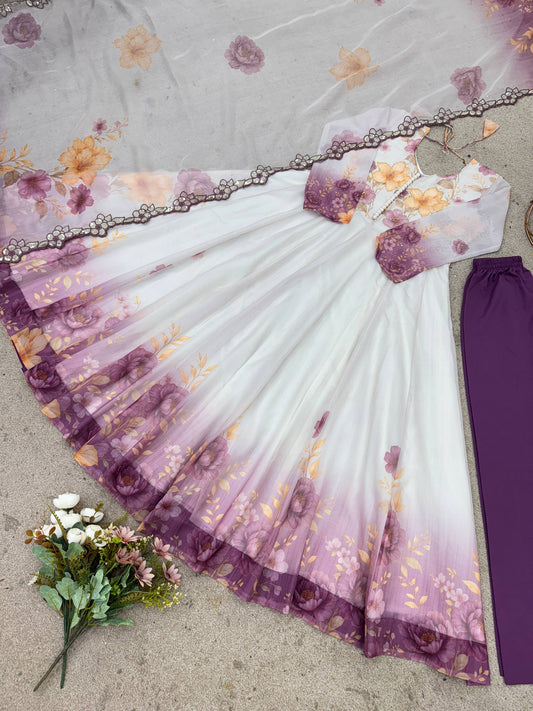 Elegant Floral Printed Anarkali Kurti – White & Lavender Ombre Design