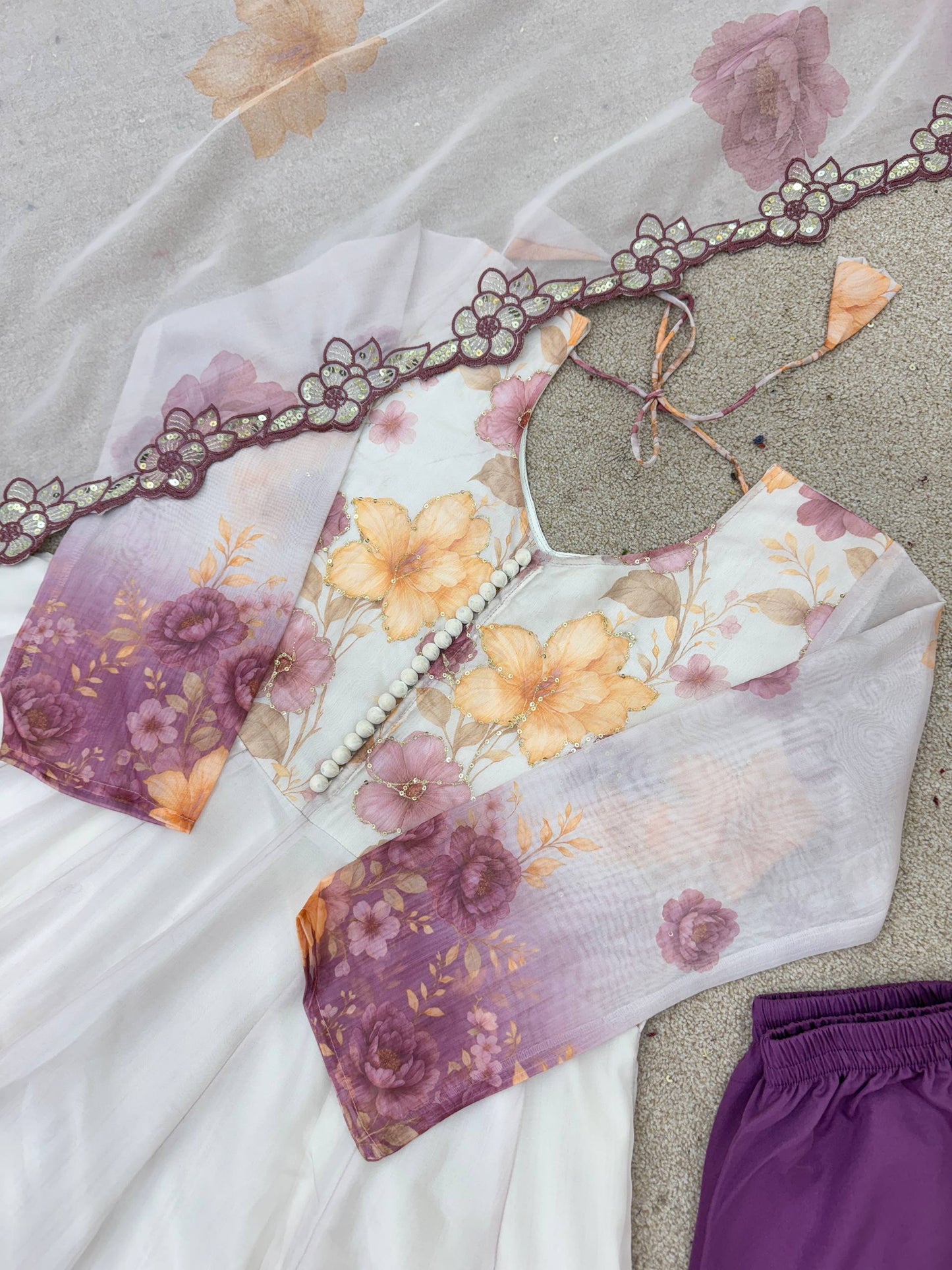 elegant floral printed anarkali kurti – white & lavender ombre design