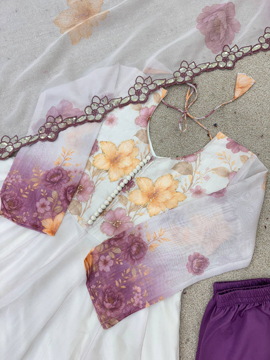 Elegant Floral Printed Anarkali Kurti – White & Lavender Ombre Design