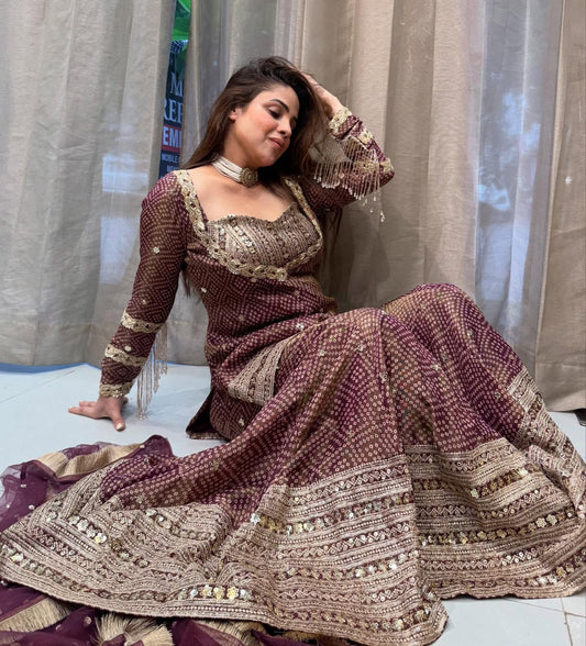 🦋 Đěsigner Party Wear & Festival Look Pur Printed Chinon Silk Top-Blouse & Palazzo With Dupatta set