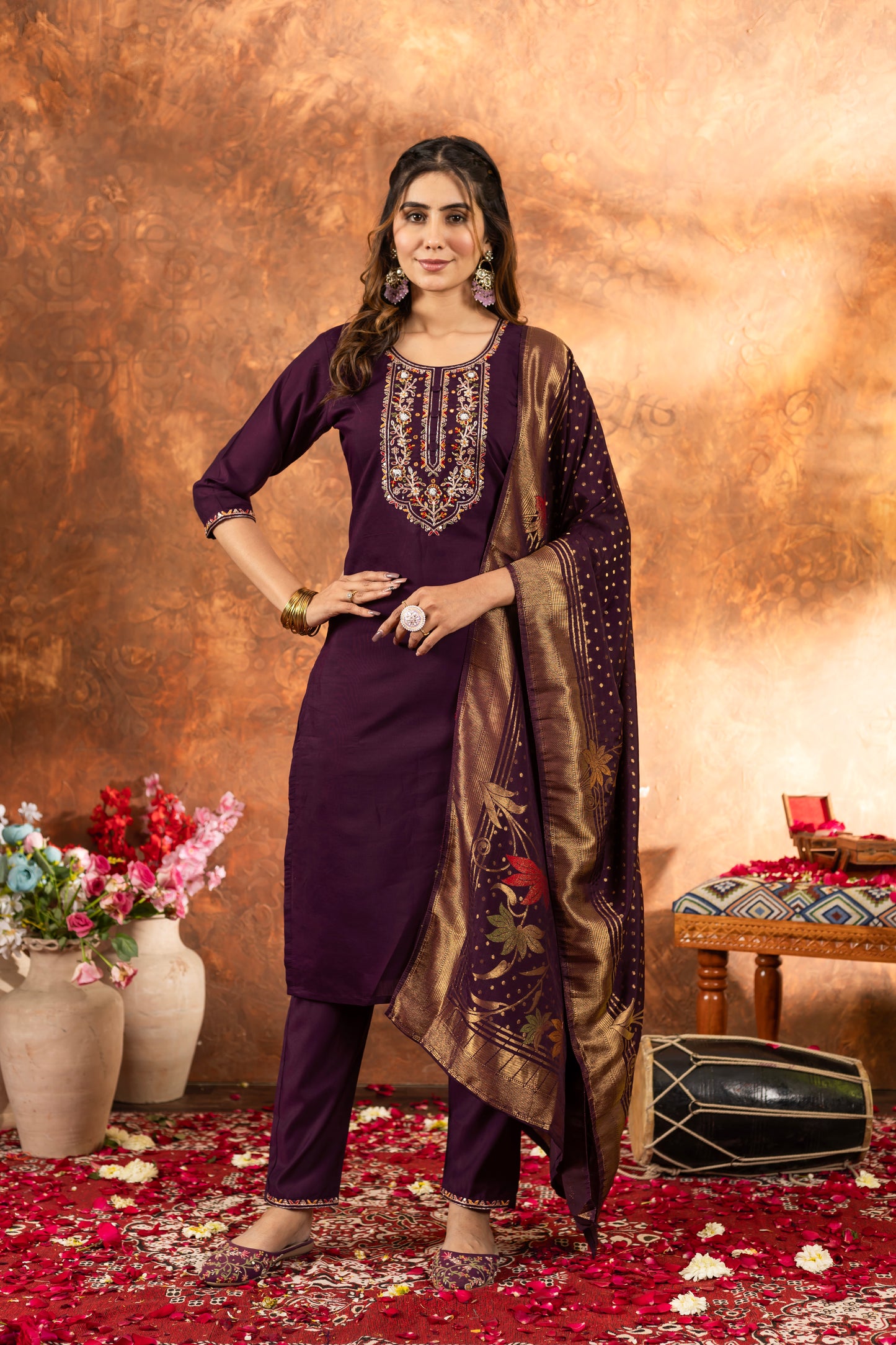 elegant festive kurti set with embroidered neckline & silk dupatta