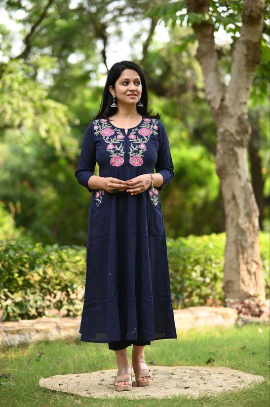Very Modish Pure Cotton Embroidery Kurta Set With Pocket