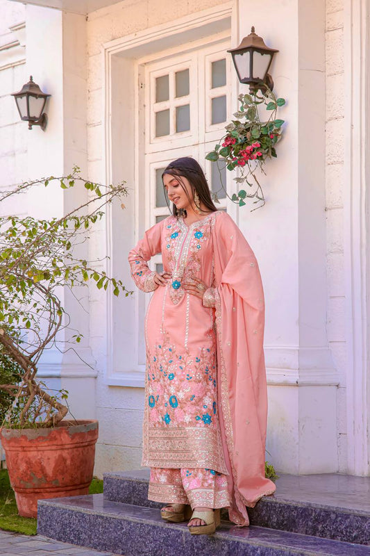 🦋 Đěsigner Party Wear Look Pur Chinon Silk Top Plazzo & Dupatta Set👗