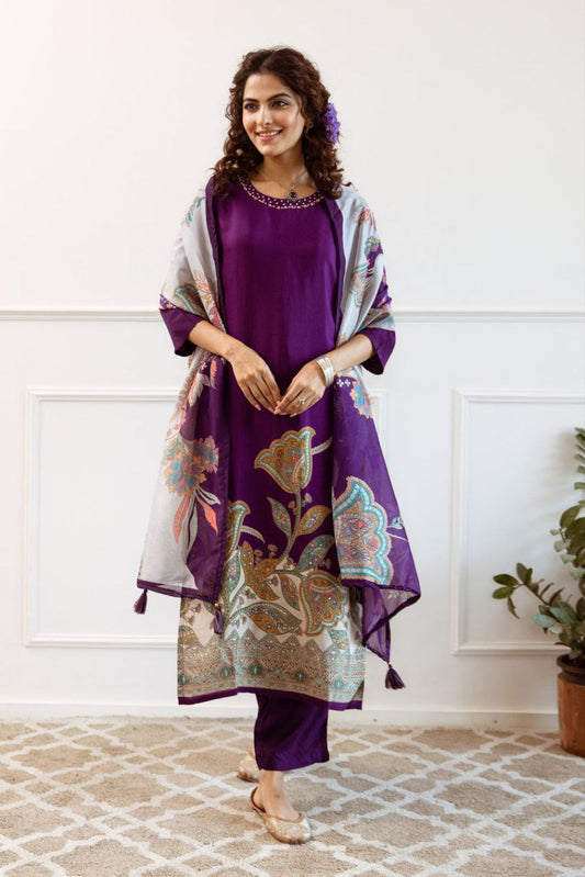 Stylish Purple Kurti with Printed Dupatta – Festive Collection